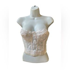 VTG Montgomery Ward White Strapless Longline Bra Sz 34C Lace Trim Boning Pin Up